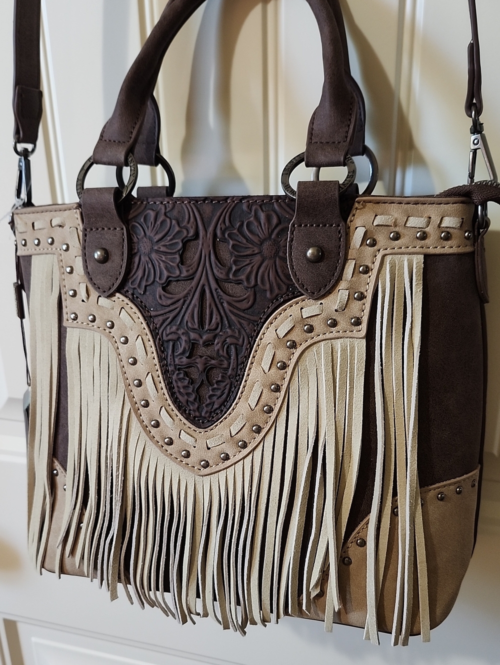 Trinity Ranch Tooled Fringe Tote  Satchel Conceal Carry Handbag NWT - Picture 3 of 12